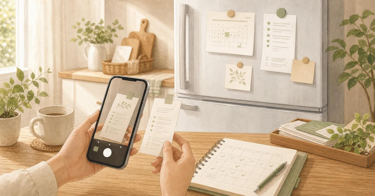 紙の通知や予定整理をイメージした、やさしい生活感のあるスマホAI画像