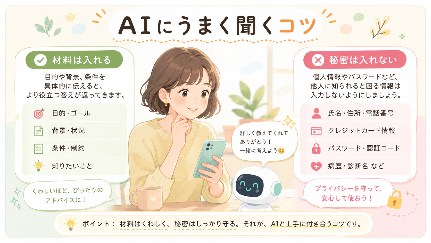 AIにうまく聞くコツ。材料は入れる、秘密は入れない