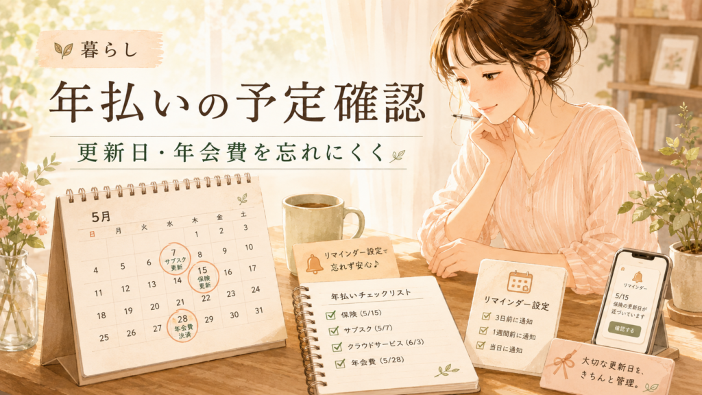 年払い、更新日、年会費をカレンダーとリマインダーで確認するイメージ