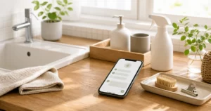 掃除の手間を減らすためにスマホAIで洗面台やキッチンを見直すイメージ