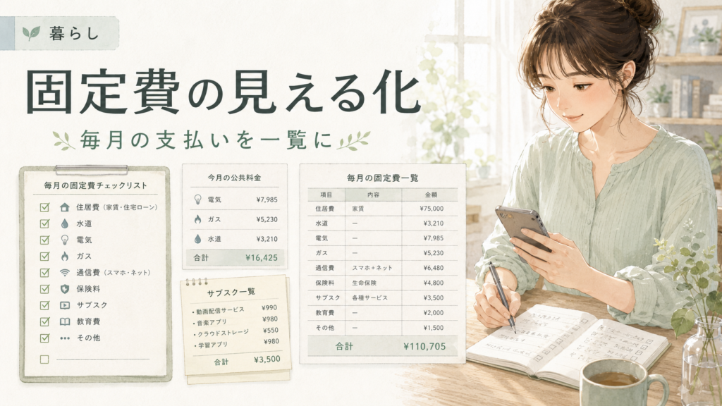 毎月の固定費をチェックリストと表で見える化するイメージ