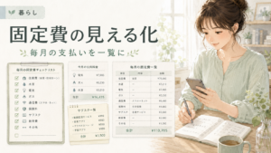 毎月の固定費をチェックリストと表で見える化するイメージ