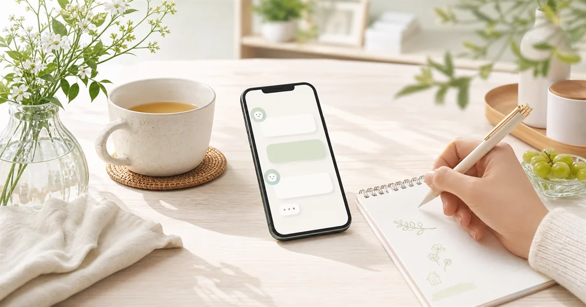 スマホでAIと会話し、出てきたアイデアをメモに残す場面