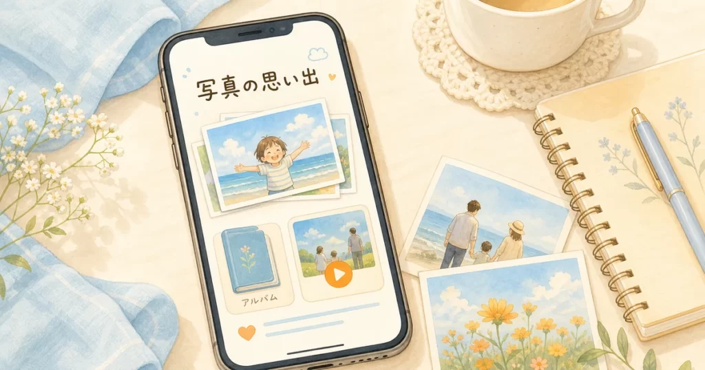 スマホの画面に写真カードとアルバム、思い出ムービーの再生マークが描かれたやさしいアイキャッチ