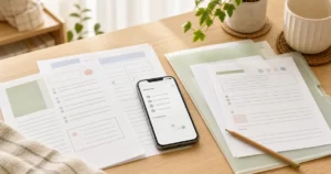 学校プリントとスマホを使って予定や持ち物を整理するイメージ