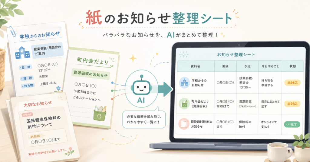 紙のお知らせをAIで整理し、スプレッドシートに一覧管理するイメージ