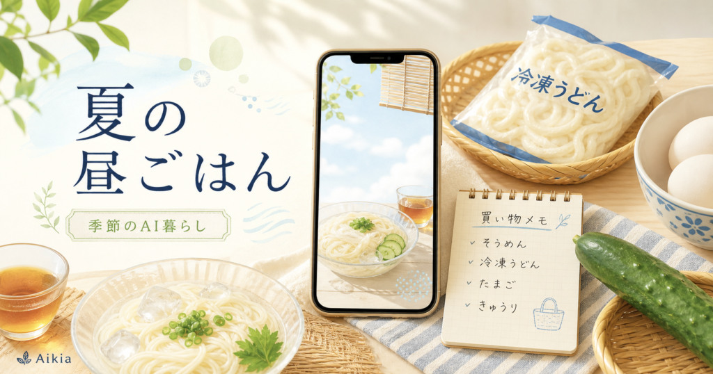 そうめんや冷凍うどん、卵、きゅうりとスマホが並ぶ夏の昼ごはん特集のアイキャッチ